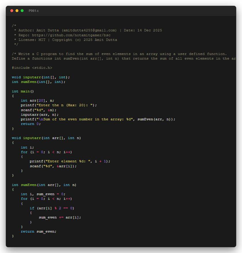 Write a C program to find the sum of even elements in an array using a user defined function. Define a functions int sumEven(int arr[], int n) that returns the sum of all even elements in the array.